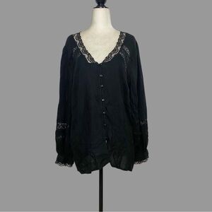 💛 LP 💛 NWT Anthro Puff Sleeve Lace Buttondown Black Lace Cut Out